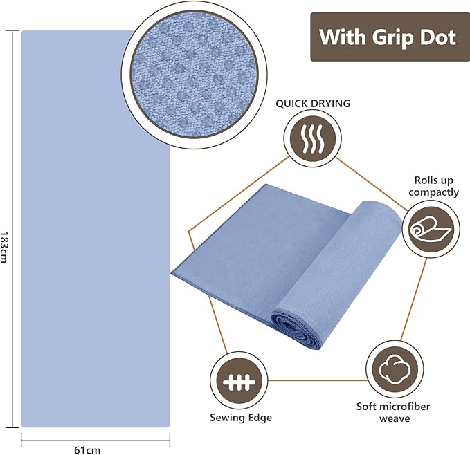 Hot Yoga Towel with Grip Dot, 72" x 24", Absorbent Microfiber Non Slip Yoga Mat Towel for Hot Yoga, Bikram, Pilates, Exercise and Fitness, Blue