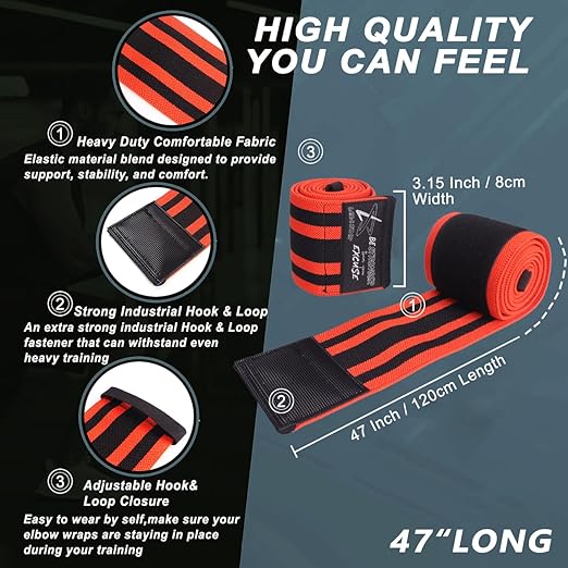 Elbow Wraps for Weightlifting, Bench Press, Cross Training & Powerlifting for Men and Women - 47" Nylon (1 Pair) Elbow Straps - Increases Stability of Joints and Supports Injury Recovery