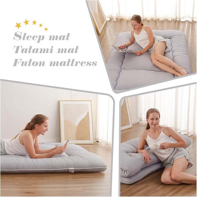 Japanese Floor Mattress, Futon Mattress with Storage Bag and Washable Cover, Roll Up Tatami Mat Suitable for Guest Room, Grey, Queen