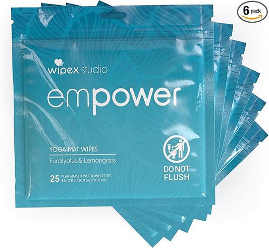 Wipex Studio Empower Yoga Mat Cleaner Wipes 25ct Zip Pack, Ultra Thick and Textured, Lemongrass Eucalyptus Scent, Natural Choice for Yoga, Pilates, or Any Movement Practice (25 Count (Pack of 6))