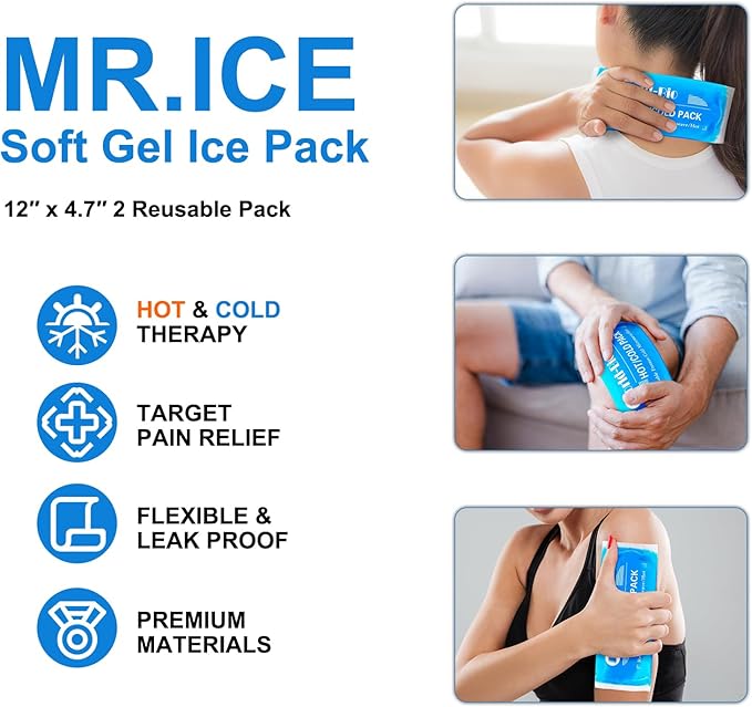 Ice Packs for Injuries Reusable Gel (2 Pack) - Hot Cold Gel Ice Pack for Injury, Pain Relief, Rehabilitation - Flexible Ice Packs for Knee, Shoulder, Back, Neck, Wrist - 4.7" x 12.2"
