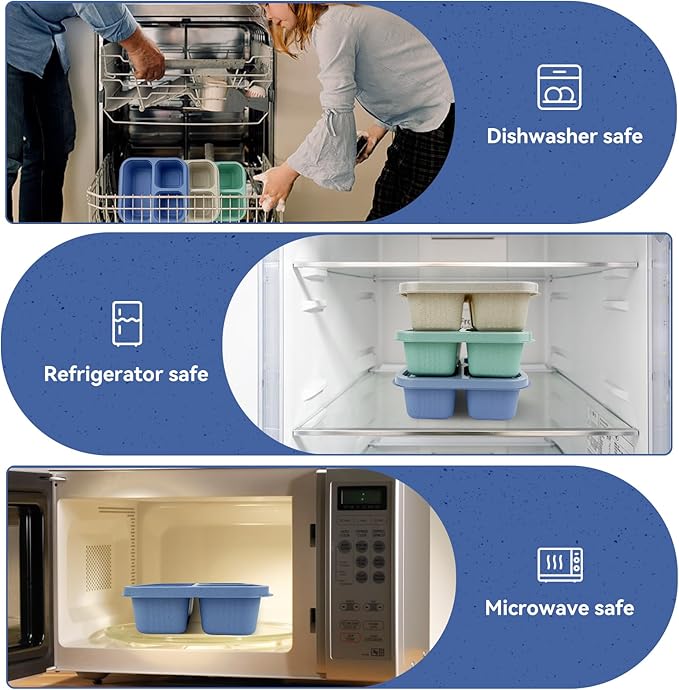 3 Compartment Snack Containers, 4 Pack Reusable Wheat Bento Snack Boxes, Stackable Divided Food Meal Prep Containers for Work, Travel (Green/Blue/PK/Beige, 3 Compartments)