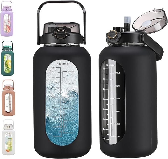74 oz Glass Water Bolttles with Straw Large Motivational Water Bottle with Time Marker Sports Water Bottles with Silicone Sleeve and Handle Lid 2.2L Water Jug for Gym Workout