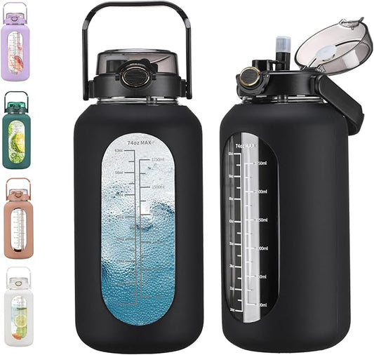74 oz Glass Water Bolttles with Straw Large Motivational Water Bottle with Time Marker Sports Water Bottles with Silicone Sleeve and Handle Lid 2.2L Water Jug for Gym Workout