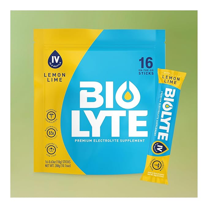 BIOLYTE IV Electrolyte Powder Packets, IV Liquid Drink Mix for Water, Doctor-Developed Hydration, HSA & FSA Approved Dehydration Relief, Chemotherapy Must Haves for Women & Men- Lemon Lime (16 Sticks)