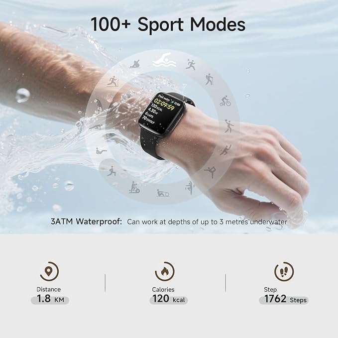 Smart Watch for Men Women, 1.85" AMOLED Ultra-Clear Screen Smartwatch Compatible iPhone/Samsung/Android, 100+ Sport Modes Fitness Tracker with Heart Rate/SpO2/Sleep Monitor 3ATM Waterproof, 2 Bands