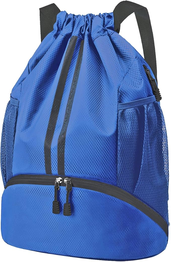 Hoedia Sports Drawstring Backpack - String Swim Gym Bag with Shoes Compartment and Wet Proof Pocket for Women and Men, Blue