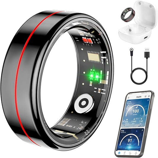 Fit Ring, Smart Health Rings for Women Men with Heart Rate,Blood Oxygen,HRV,Stress Level, Sleep Monitor, Step Tracker, No Subscription Fee, IP68 Waterproof Smart Ring for iphone &Android (Black, 8#)