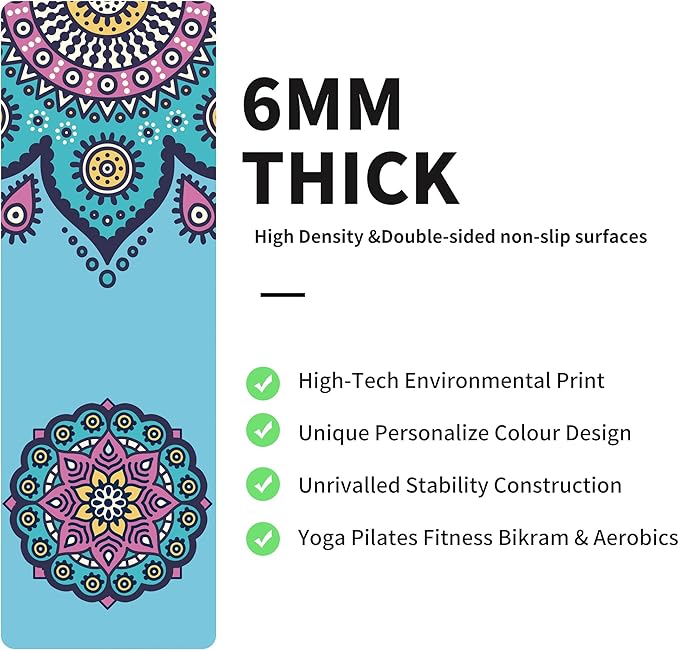 nuveti Yoga Mat Print Extra Thick TPE Non Slip Fitness Exercise Mat with Carrying Bag,72"x24" Extra Thick 6MM Exercise & Workout Mat for Yoga, Pilates Fitness and Floor Exercises
