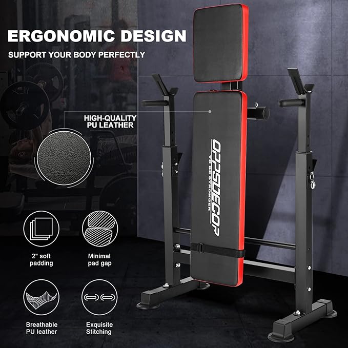 OPPSDECOR 8-in-1 Foldable Weight Bench Set with Squat Rack, Adjustable Bench Press Home Gym System for Full-Body Workout, Flat Incline Decline Sit Up Bench with Removable Foot Catch & Elastic Ropes
