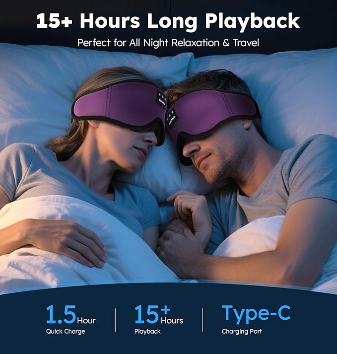 Ice Silk Sleep Mask with Headphones, Sleep Headphones for Side Sleeper with 3D Cups, Bluetooth 5.4 Sleeping Eye Mask, Total Blackout Sleeping Headphones for Women Men(Purple)