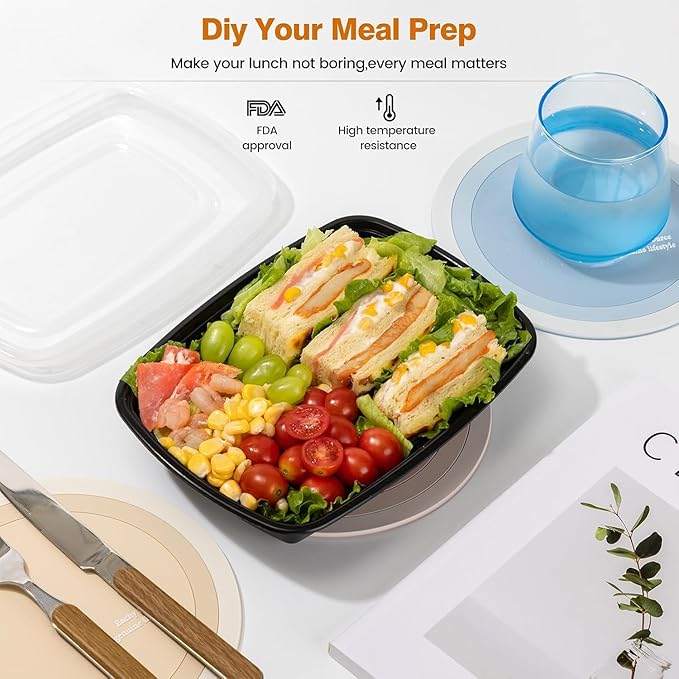 Glotoch Express 32oz 1-Compartment Black Square Food Containers with Lids, Durable BPA-Free Plastic Meal Prep Boxes, Microwave/Freezer/Dishwasher Safe, 300 Pack