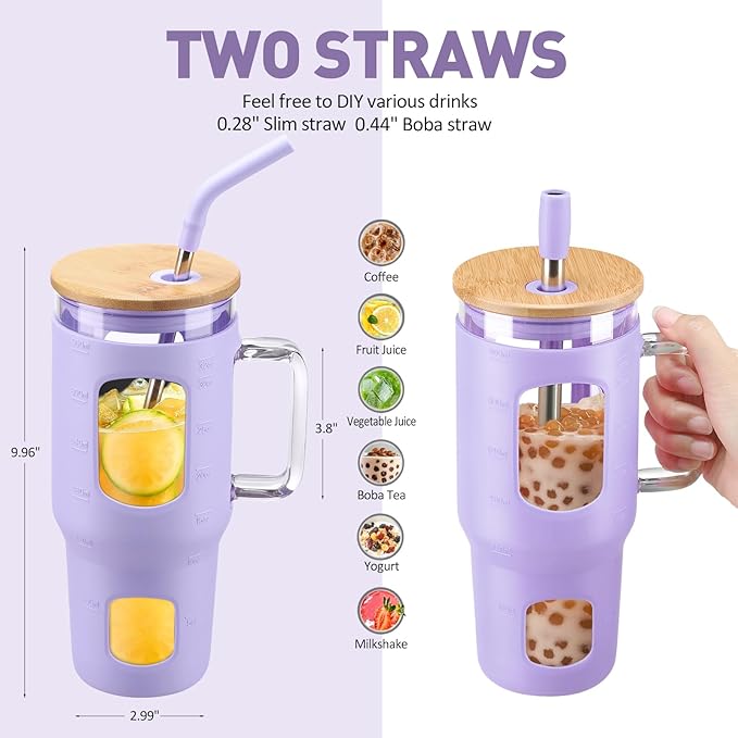 32 oz Glass Tumbler with Straw and Lid, Glass Water Bottles with Time Marker, Silicone Protective Sleeve - Purple