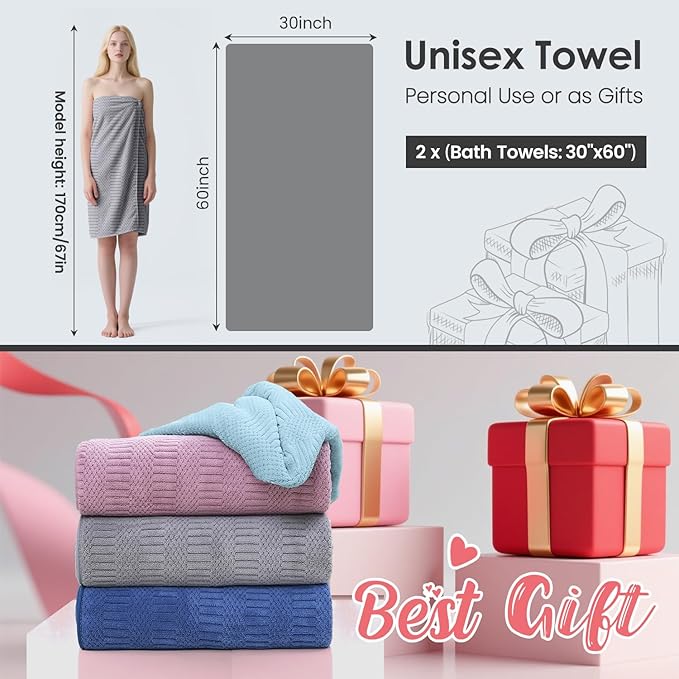 JML Microfiber Bath Towels, Large Bathroom Towel 2 Pack (30" x 60"), Oversized, Soft, Super Absorbent and Fast Drying, Multipurpose Use for Sport, Fitness, Yoga, Diamond Cross Grid Gray