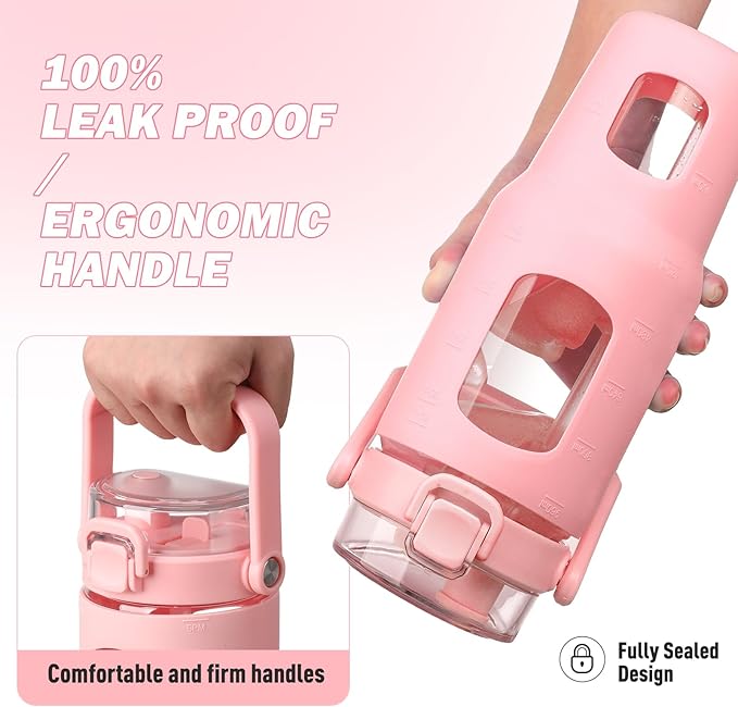 BLUEGO 32oz Glass Water Bottles with Straw Time Marker Half Gallon Large Motivational Water Bottle with Silicone Sleeve 2 Liter Large Glass Water Jug for Gym, Sports& Workout, Daily, Pink