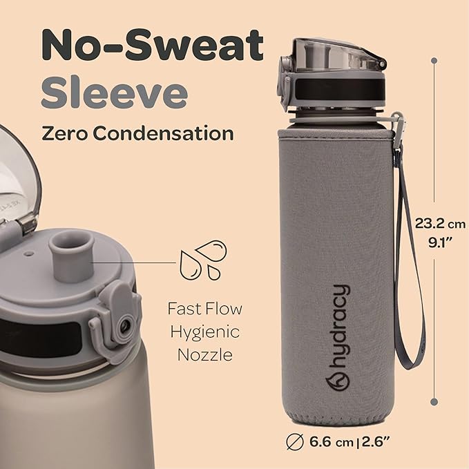 Hydracy Water Bottle with Time Marker -Large BPA Free Water Bottle & No Sweat Sleeve -Leak Proof Gym Bottle with Fruit Infuser Strainer & Times to Drink -Ideal for Fitness Sports & Outdoors