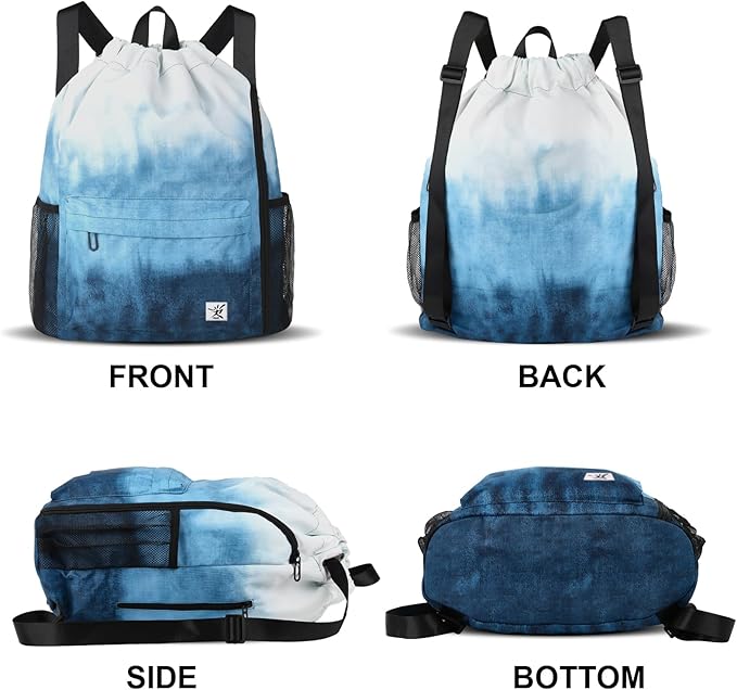 Drawstring Backpack with Mesh Pockets String Gym Bag Sackpack Sandproof Water Resistant Beach Backpack for Men Women