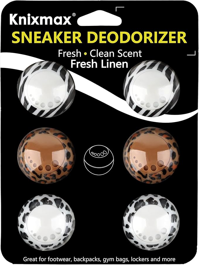 Knixmax Sneaker Deodorizer Shoe Freshener Balls, Boot Odor Eater Deodorizing Ball Sneaker Deodorants, Gym Bags Lockers Car Air Fresheners, 6 Packs Fresh Linen Leopard