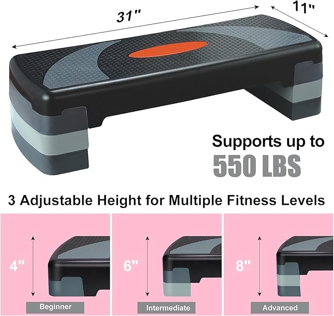 Exercise Workout Aerobic Step Platform Trainer, 31" Aerobic Stepper with 4"-6"-8" Adjustable Height Risers