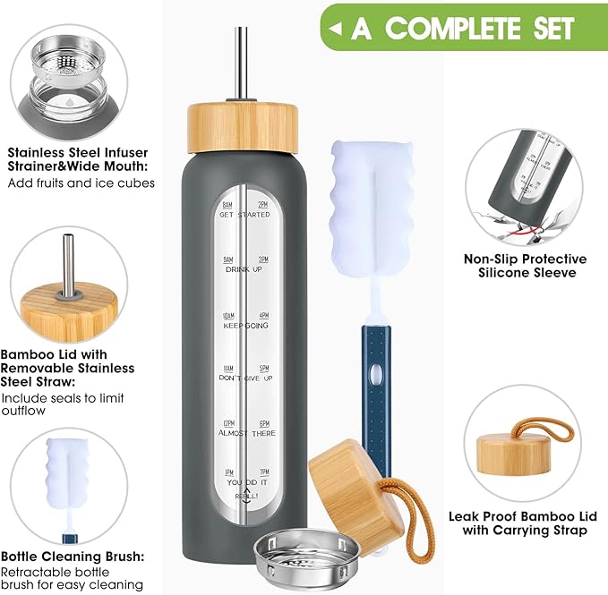 32 oz Glass Water Bottle with Straw - Motivational Time Marker & Silicone Sleeve - Reusable Tumbler Includes 2 Bamboo Lids & Fruit Infuser - 1 Pack
