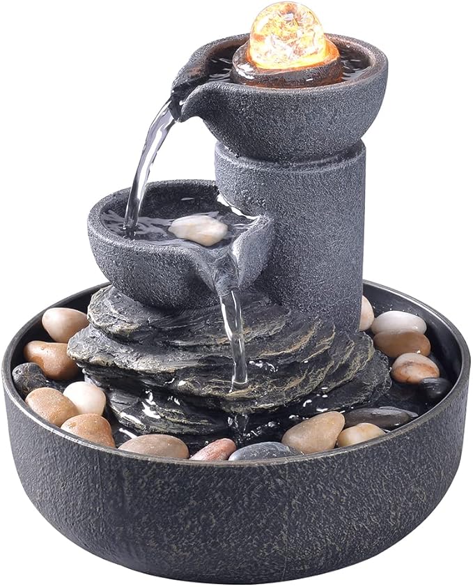 GOSSI Tabletop Fountain Indoor Fountain 2-Tiered Water Meditation Decorative Waterfall w/LED/Cobblestone/Glass Rolling Ball Soothing Sounds for Office and Home