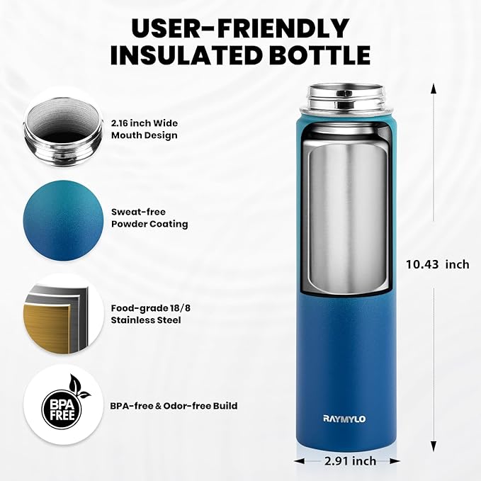 Insulated Water Bottle 24oz, Triple Wall Vacuum Stainless Steel (Cold for 48 Hrs, Hot for 24Hrs), Leak Proof & Non-BPA, 24oz Hydro Water Flask with Paracord Handle & Straw Spout Lids