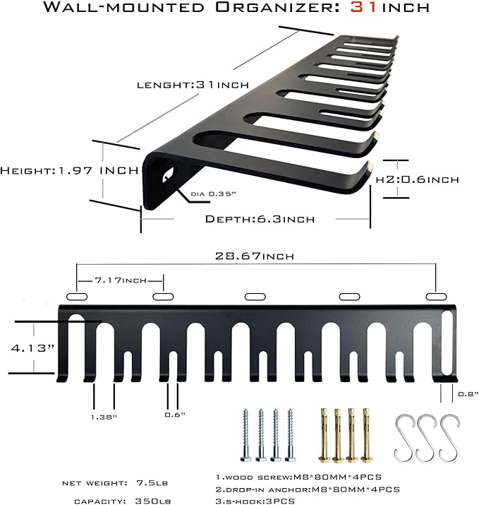 2-Tier Black Barbell Wall Rack + Dual-Mounted Vertical Olympic Barbell Wall Rack .（3 Hooks）. dumbbell rack.Concrete/Wood Screws.(not for 16-inch center walls)