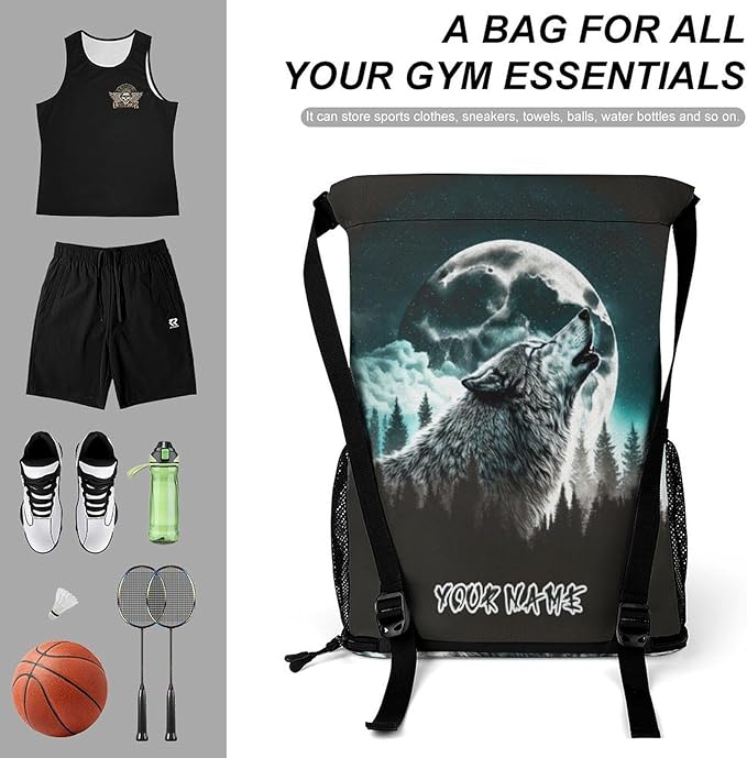 Custom Wolf Drawstring Backpack - Cute Cinch Sack, String Backpacks with Pocket for Women Men Kids Boys Girls for Gym Outdoor Sports Travel Athletic Drawstring Bag - Lightweight/Foldable