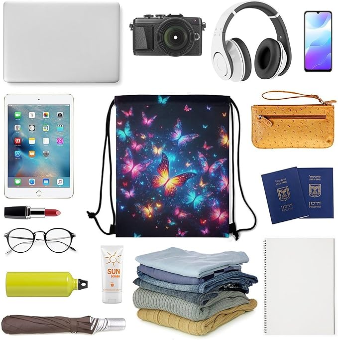 Butterfly Drawstring Backpack - Cute Cinch Sack, String Backpacks for Kids Boys Girls Women Men for Gym Outdoor Sports Travel Athletic Drawstring Bag - Lightweight/Foldable