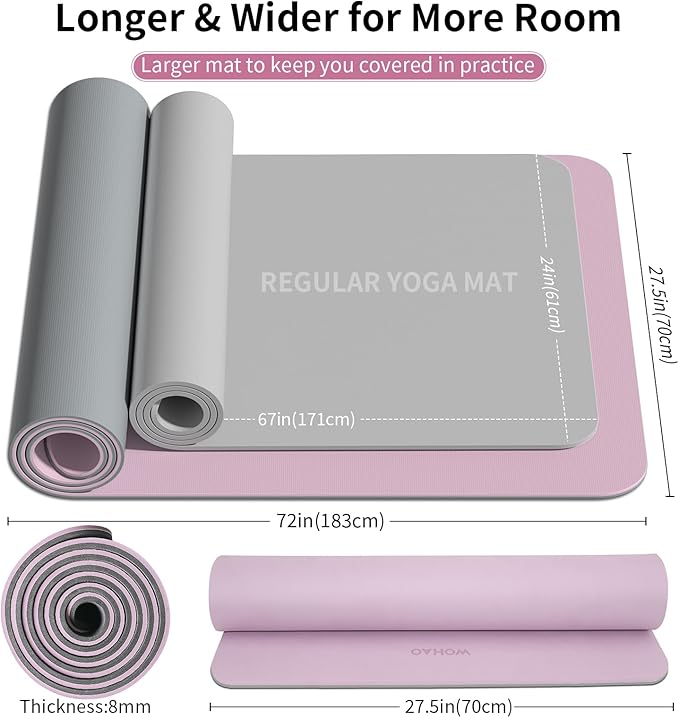 Extra Thick 8mm Yoga Mat, 72"x28" Non Slip Exercise Mat, Reversible 2-Sided Dual Color Premium POE Material, with Carrying Strap for Yoga, Pilates, Home Gym