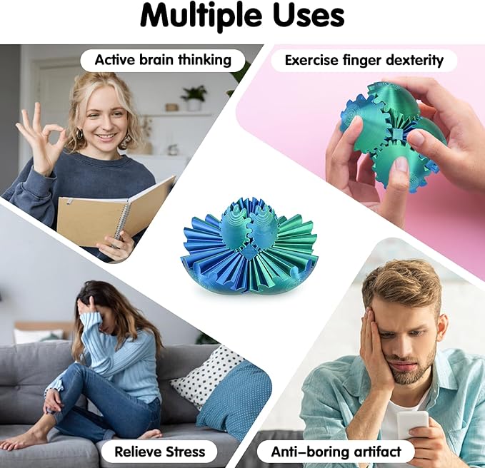 Gear Ball 3D Printed Cube Fidget Toy,Gear Sphere Fidget Toys,Sensory Toys for Stress and Anxiety Relief, Desk Toy Fidget Spinners,Stocking Stuffers for Adults & Kids Gift(Blue Green, 2.3 Inch)