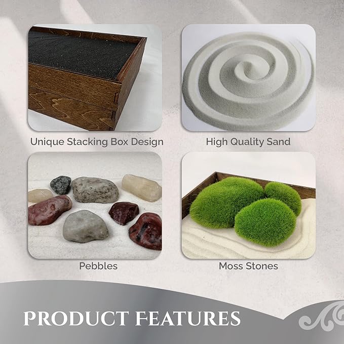 Wooden Stackable Zen Garden | White Sand with Rake & Accessories | Minimalist Decor Gift for Relaxation
