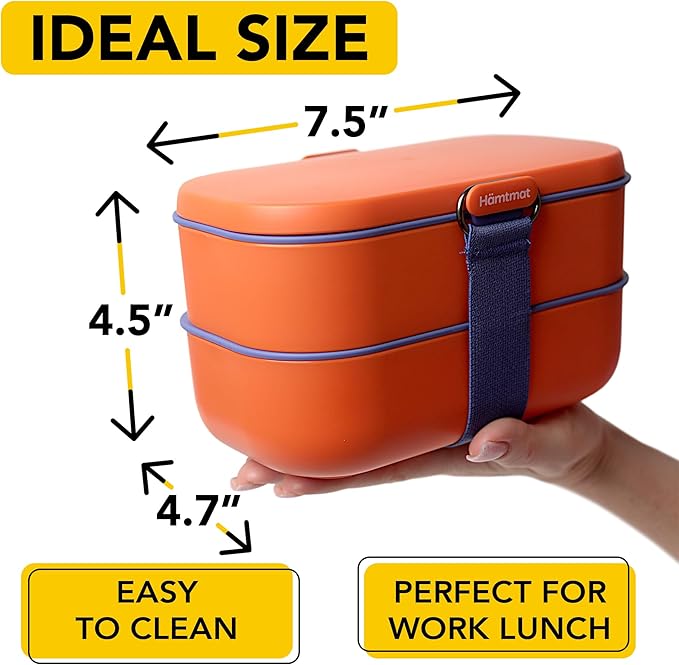 Insulated Stackable Bento Box for Adults with Reusable Chopsticks Japanese Lunch Box Microwavable & Leak Proof Lunch Containers for Men & Women Modern Cute Food Container with Compartments (Orange)