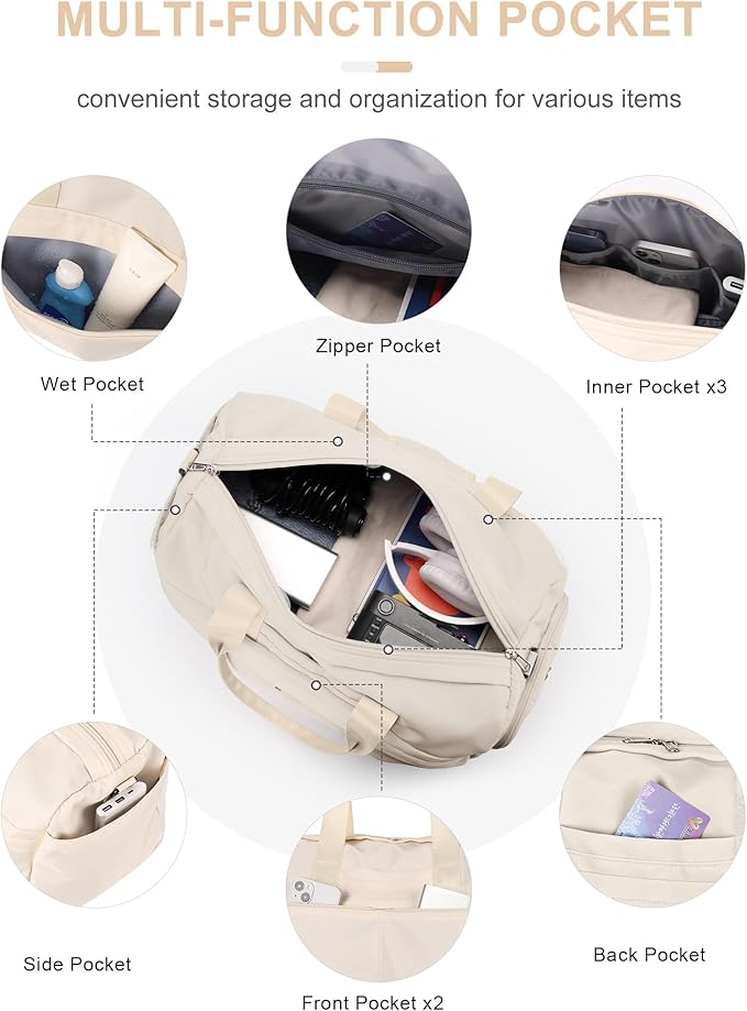 Gym Bag for Women Men, Sport Duffel Bag with Toiletry Bag & Shoe Compartment,Waterproof Travel Weekender Overnight Carry on Bag for Yoga with Trolley Sleeve, Beige Set