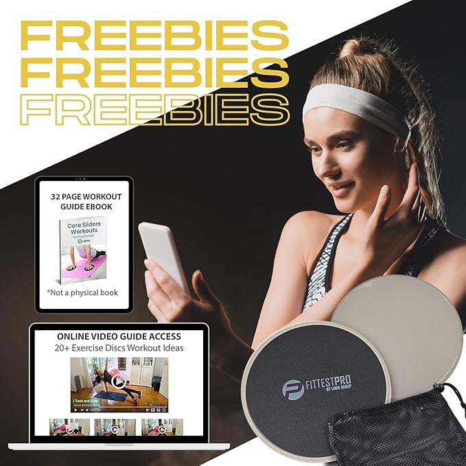 Core Sliders for Working Out - Exercise Sliders Fitness, Stability, Ab, Legs & Full Body (Set of 2) - Bonus Carry Bag & Workout Ebook - Gym Gliding Disc Pads for Hardwood, Carpet & More