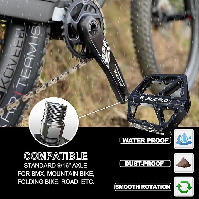 BUCKLOS Mountain Bike Pedals MTB Pedals Flat, Adult Bicycle Road Bike Large Platform Nylon Non-Slip Pedal for Gravel Bike/Hybrid Bike 9/16"