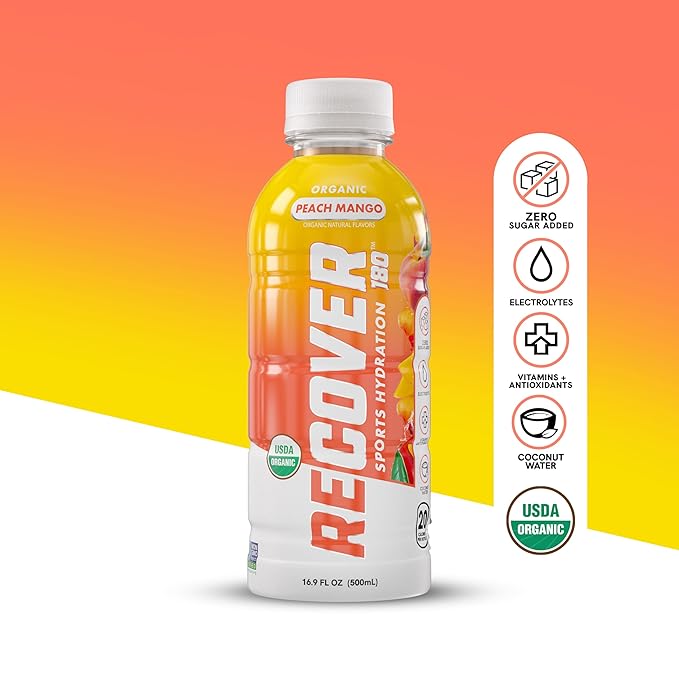 RECOVER 180 Organic Sports Hydration Drink, No Sugar Added, 20 Calorie Sports Beverage, Organic Flavors With Vitamins, Potassium-Packed Electrolytes (16.9 Fl Oz (Pack of 12), Peach Mango)