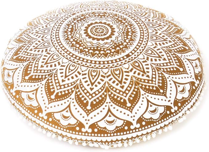 Eyes of India - 32" Brown White Floor Meditation Pillow Cushion Seating Throw Cover Hippie Mandala Round Colorful Decorative Bohemian Accent Indian Boho Chic Dog Bed Handmade Cover ONLY