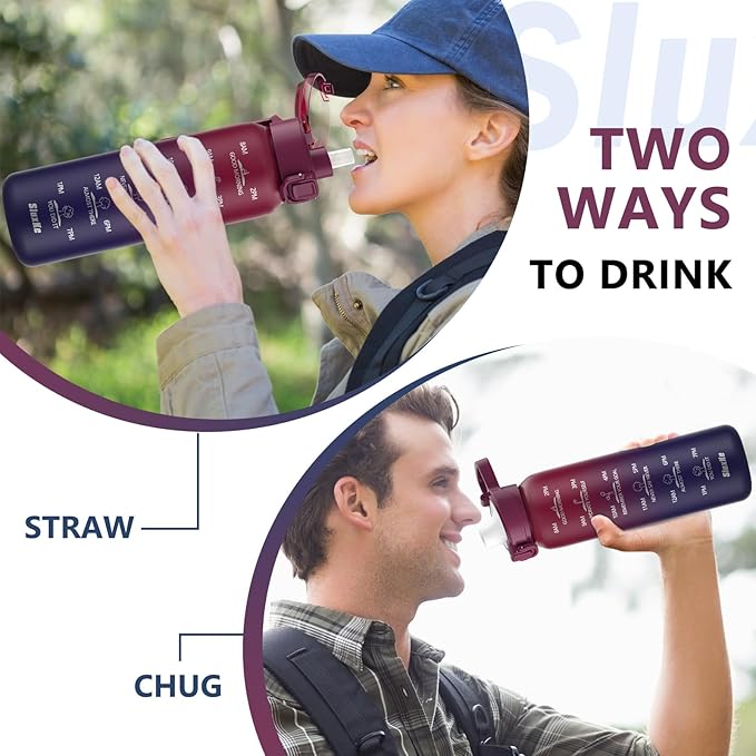 Insulated Water Bottle 32oz with 2Lids(Straw Lid & Spout Lid), 1L Double Walled Water Bottle with Time Marker, 1000ml Stainless Steel Metal Flask for Fitness, Gym and Outdoor RED BLACK