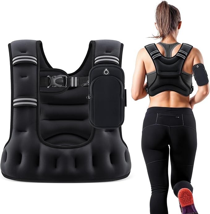 ZELUS Weighted Vest for Women Men, 6/8/12/16/20lb Weight Vest with Arm Pouch Reflective Strips, U-Shaped Rucking Vest for Strength Training Muscle Building, Walking Running Vest for Fitness