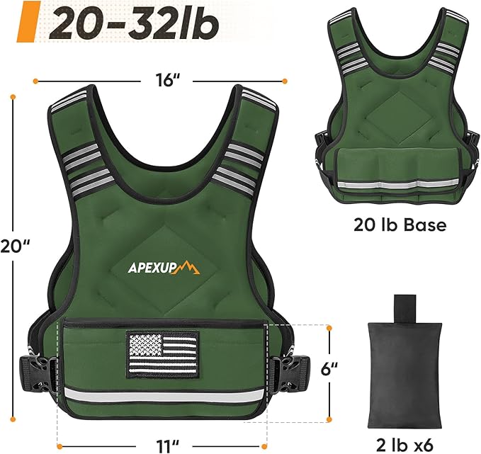 APEXUP Adjustable Weighted Vest, 4-10lb/12-18lb/20-32lb Vest with 6 Ironsand Weights and Large Pocket, Weight Vest for Men Women Strength Training, Running, Walking