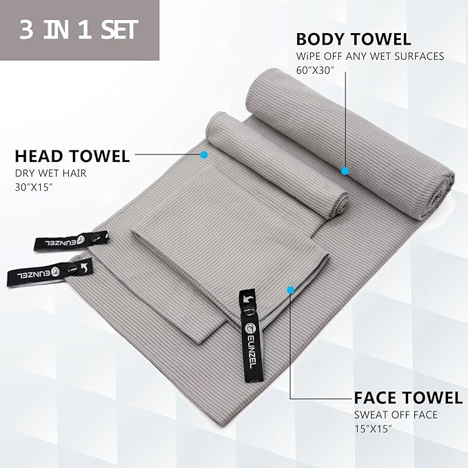 Eunzel Quick Dry Camping Towel, Microfibre Ribbed Towel Travel Towel 3 Sizes 1 Pack Fast Drying Towel Set for Camping, Beach, Gym, Sports, Yoga & Swimming Pool, Grey