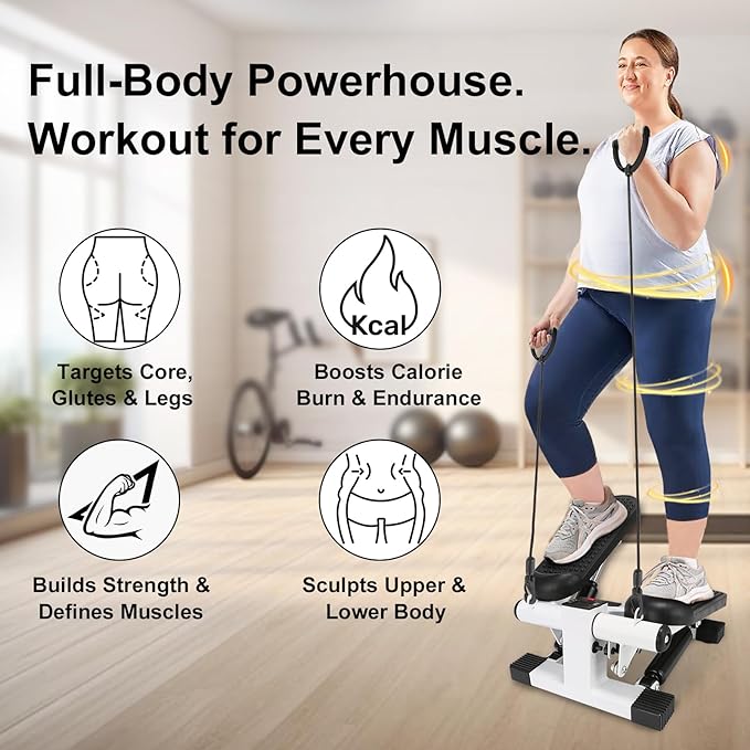 Mini Stepper for Home Exercise, Portable Stair Stepper with LCD Monitor and Resistance Bands, 260lbs Weight Capacity, Twist Stepper for Full Body Workout