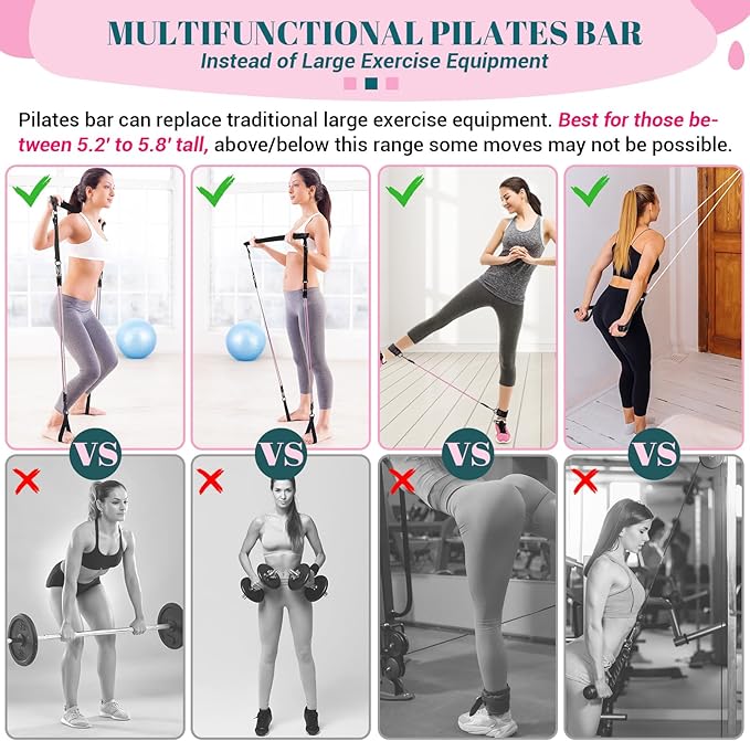 Pilates Bar Kit with Resistance Bands, Multifunctional Yoga Pilates Bar with Heavy-Duty Metal Adjustment Buckle, Portable Home Gym Pilates Resistance Bar Kit for Women Full Body Workouts