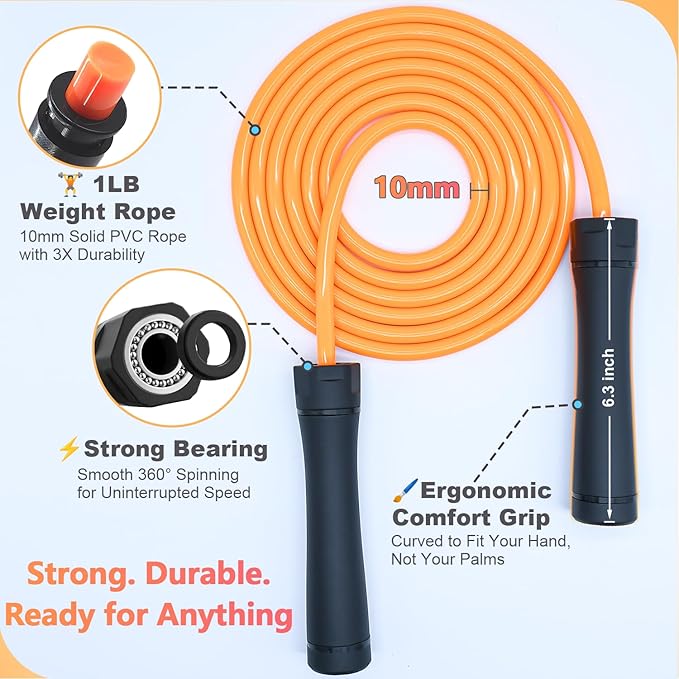 Weighted Jump Rope, 1LB Tangle-Free Ball Bearing Rapid Speed Skipping Rope for Men Women, Adjustable 9mm Cotton & PVC Rope with Alum Handle for Boxing MMA Weight-Loss Athletic Workout Fitness
