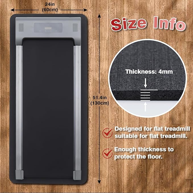 Treadmill Mat for Home Gym - High Density Treadmill Walking Pad Exercise Bike Equipment Mat, Suitable for Floor Carpet, 51.4" x 24", 4 mm Thick, Black
