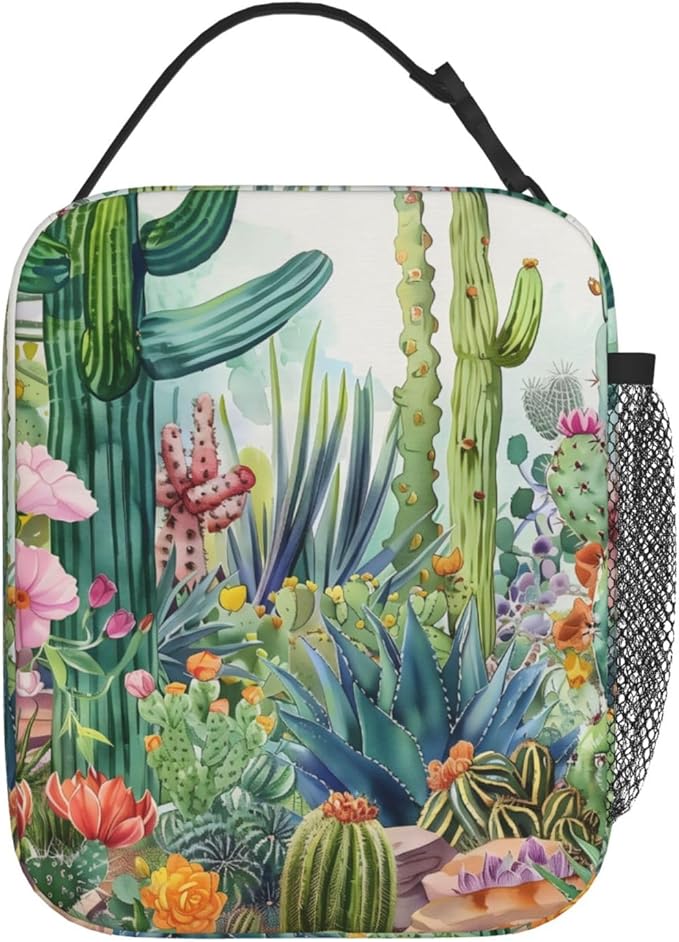 Cactus Lunch Box for Women Adults Kids, Insulated Cooler Lunch Bag for Picnic, School, Office, Travel, Work, Portable Reusable Polyester Tote Thermal Lunch Bags (Cactus & Floral)