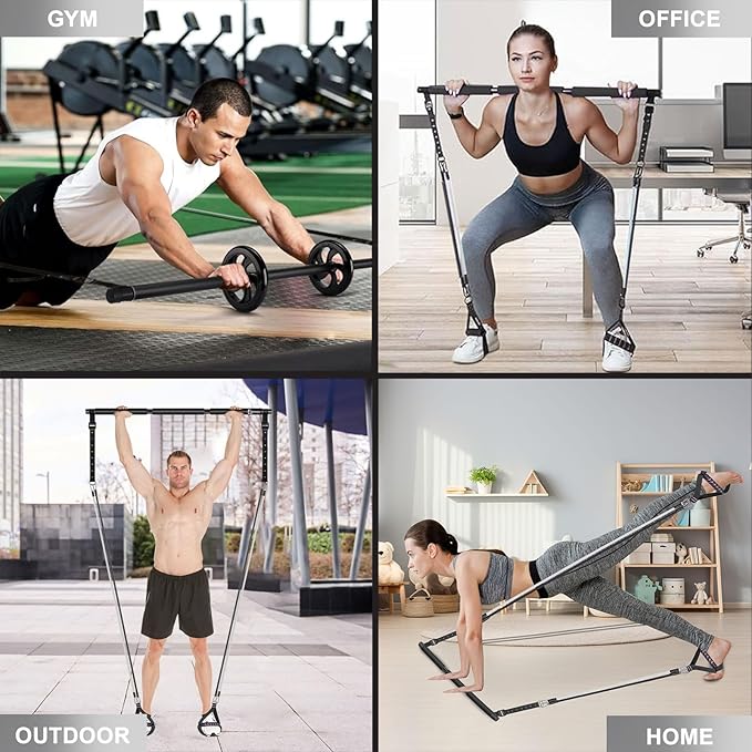 Pilates Bar Kit with Resistance Bands,Ab Roller,2 in 1 Foot Strap & Handle,Door Anchor Pilates Equipment with Resistance Bands, Portable Home Gym Yoga Fitness Bar for Women & Men