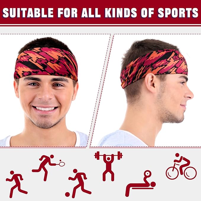 9 pcs Sweatbands for Men Workout Sport Headbands for Men Camo Headband Sweat Absorbing Headband Wide Sweatband for Head Basketball Football Cycling Running Yoga, 4.7 x 9.8 Inch