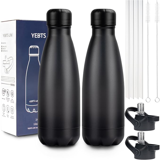Insulated Water Bottle, 2 Pack-12oz Stainless Steel Water Bottles with straw lid, Metal Sports Water Bottles for Boys,Girls, Double Wall Vacuum BPA-Free Flask for School,Sports & Travel-Black